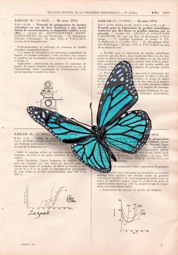 Tableau sur vieux livre "Papillon bleu"