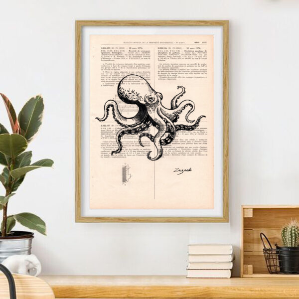Tableau sur vieux livre - pieuvre