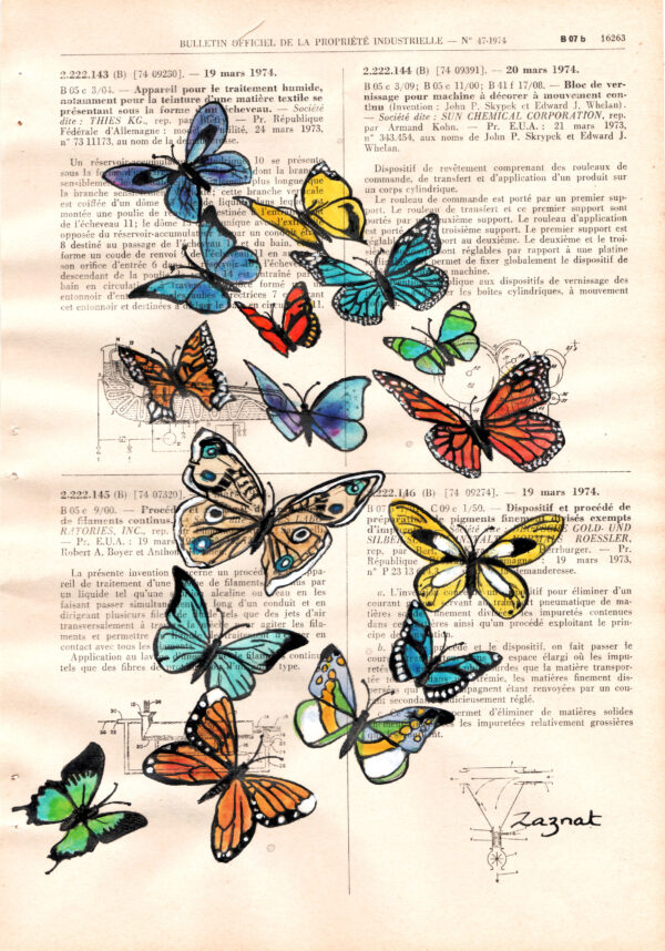 Tableau sur vieux livre "Virgule de papillons"
