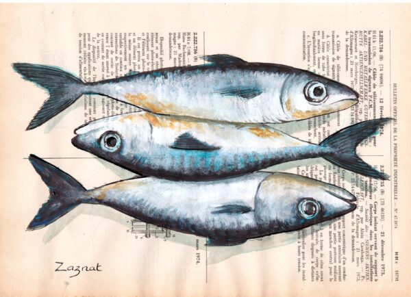 Tableau sur page de livre - 3 poissons