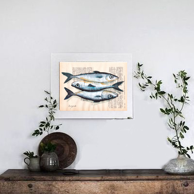 Tableau sur page de livre - 3 poissons